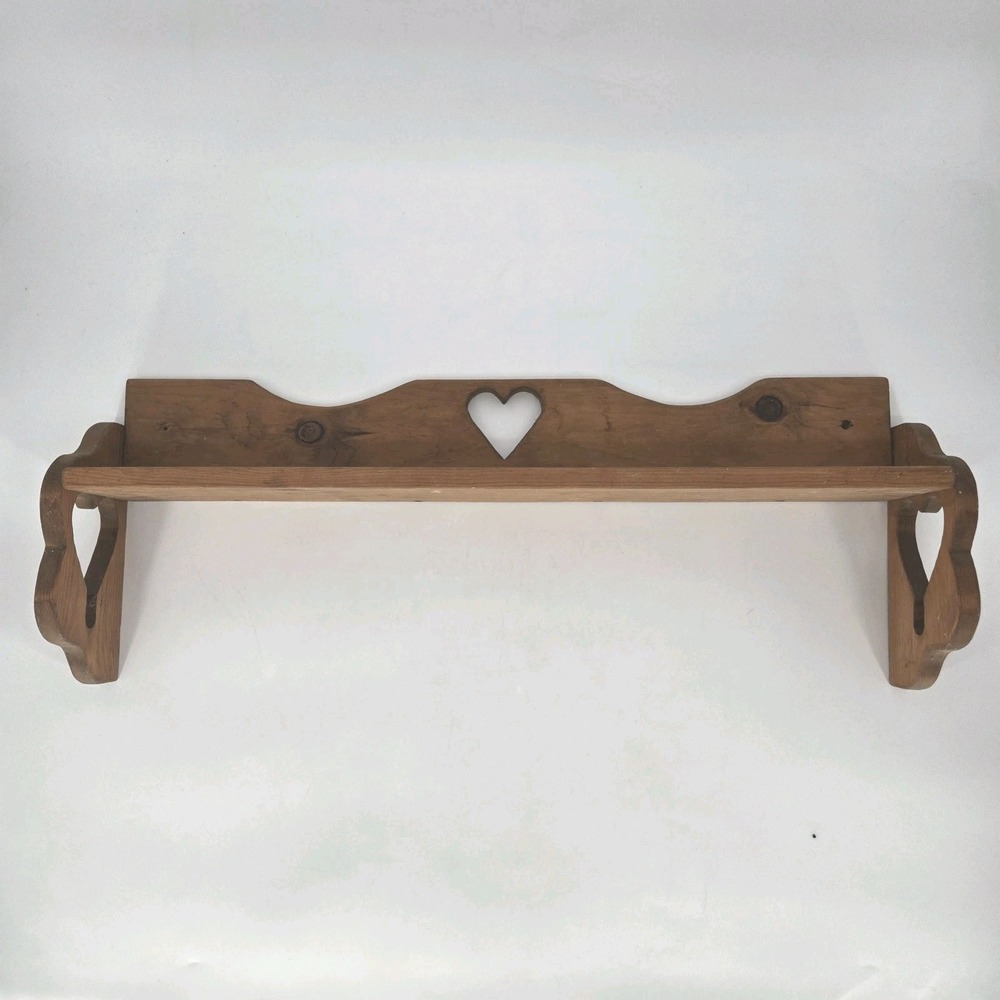 Vintage Wood Wall Shelf Heart Cutout Rustic Country Farmhouse 31" 3 Hearts Plate